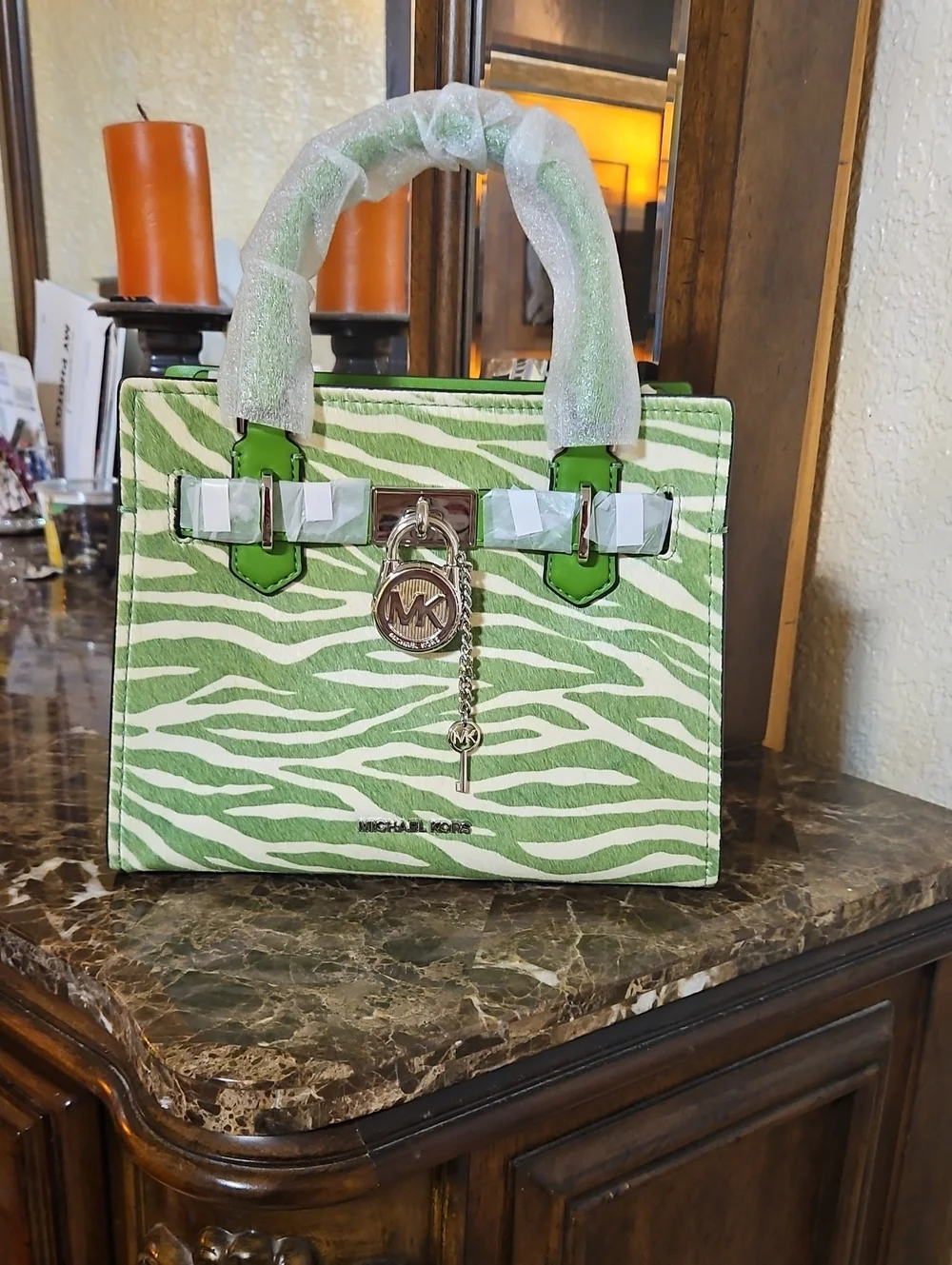 New Michael Kors Green & White Zebra-Print Leather Satchel
